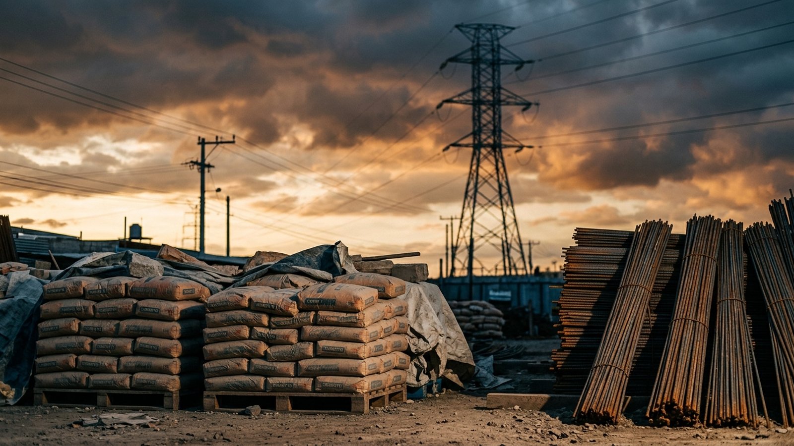 Obra de construcción con sacos de cemento y varillas de hierro apilados, y una torre eléctrica de alta tensión al atardecer